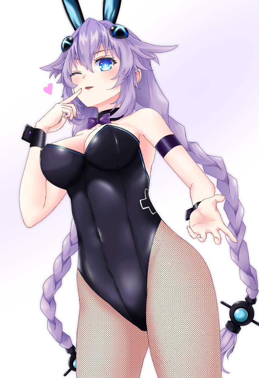 ;d animal_ears bare_shoulders black_leotard blue_eyes blush braid breasts bunny_ears bunnysuit cleavage covered_navel cowboy_shot cuffs detached_collar fishnet_legwear fishnets hair_between_eyes hair_ornament handcuffs heart highres leotard long_hair looking_at_viewer medium_breasts neptune_(series) one_eye_closed open_mouth power_symbol purple_hair purple_heart seshiro_(which501) skin_tight smile solo spoken_heart symbol-shaped_pupils twin_braids twintails very_long_hair