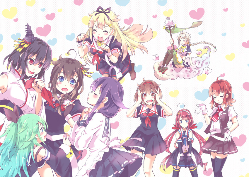 ahoge aikawa_ruru arashi_(kantai_collection) bangs banner black_gloves black_hair black_legwear black_ribbon black_serafuku blonde_hair blue_eyes blush bow braid brown_eyes brown_footwear brown_hair closed_eyes cloud commentary_request detached_sleeves facing_another fang fingerless_gloves gloves green_hair hair_between_eyes hair_bow hair_ornament hair_ribbon hairband hairclip harem heart heart_ahoge heart_background highres holding holding_staff kantai_collection kawakaze_(kantai_collection) long_braid long_hair long_sleeves looking_at_another multiple_girls nontraditional_miko open_mouth pleated_skirt pout puckered_lips red_bow red_eyes red_hair red_hairband remodel_(kantai_collection) ribbon sailor_collar school_uniform serafuku shigure_(kantai_collection) shiratsuyu_(kantai_collection) shoes short_hair short_sleeves single_braid sitting skirt smile staff taigei_(kantai_collection) thighhighs unryuu_(kantai_collection) white_hairband wide_sleeves yamakaze_(kantai_collection) yamashiro_(kantai_collection) yuri yuudachi_(kantai_collection)
