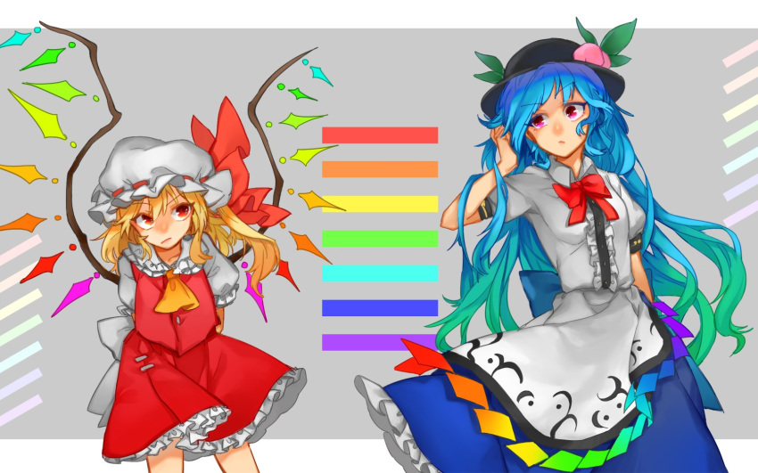 ascot bangs black_hat blonde_hair blouse blue_hair blue_skirt bow bowtie buttons commentary crystal flandre_scarlet food frilled_shirt frilled_shirt_collar frilled_skirt frilled_sleeves frills fruit hat hat_ribbon highres hinanawi_tenshi leaf long_hair looking_at_another medium_hair mob_cap multiple_girls peach puffy_short_sleeves puffy_sleeves rainbow_gradient rainbow_order red_bow red_eyes red_ribbon red_skirt red_vest ribbon shidaccc shirt short_sleeves side_ponytail simple_background skirt standing touhou upper_body very_long_hair vest white_blouse white_shirt wings yellow_neckwear