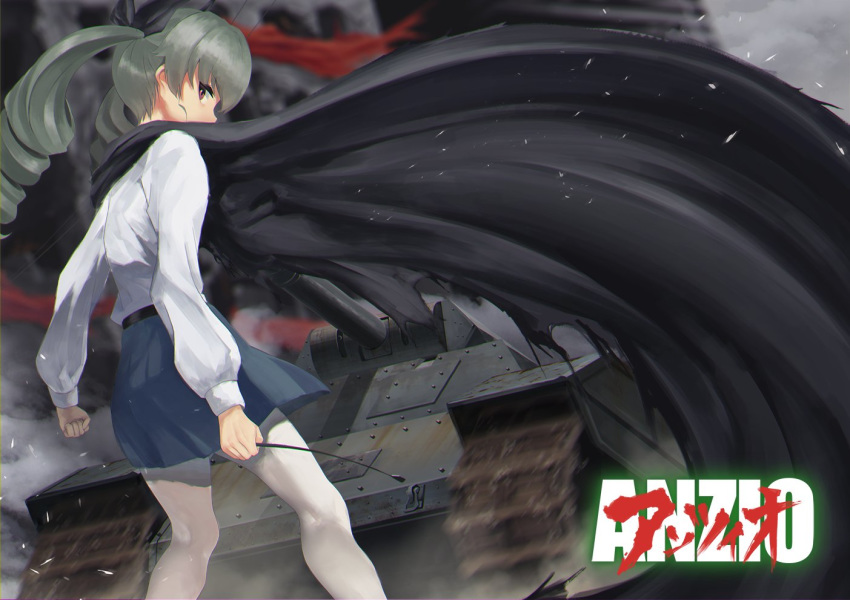 anchovy anzio_school_uniform bangs belt black_belt black_cape black_ribbon black_skirt blurry blurry_background cape carro_armato_p40 clenched_hand commentary covering_mouth depth_of_field dress_shirt drill_hair from_behind girls_und_panzer green_hair ground_vehicle hair_ribbon holding long_hair long_sleeves looking_at_viewer looking_back military military_vehicle miniskirt motion_blur motor_vehicle pantyhose pleated_skirt red_eyes ribbon riding_crop romaji satou_pikuta school_uniform shirt skirt solo standing tank twin_drills twintails white_legwear white_shirt wind
