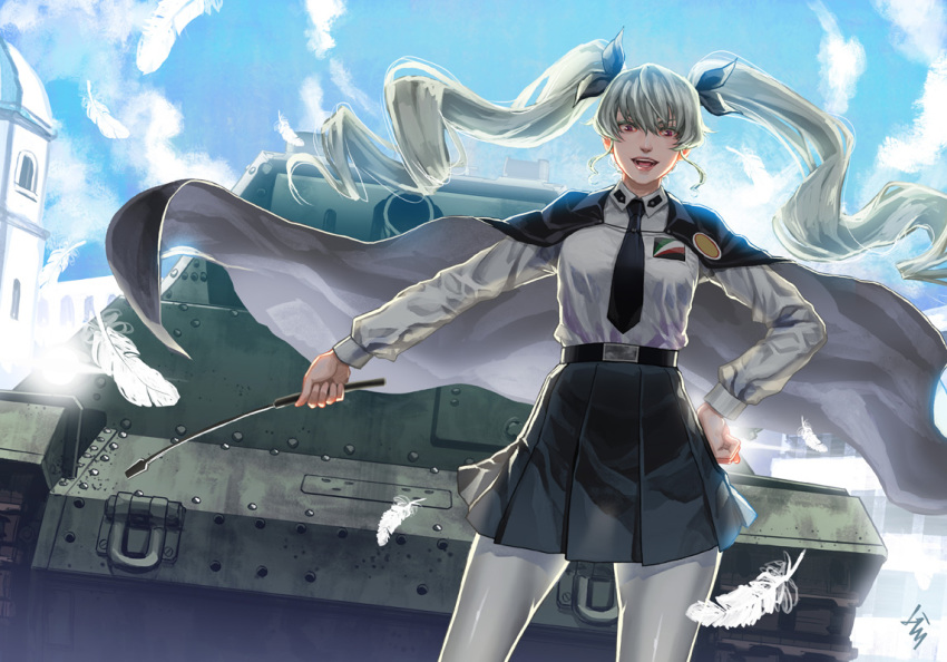 anchovy anzio_school_uniform artist_name backlighting bangs belt black_belt black_cape black_neckwear black_ribbon black_skirt blue_sky building cape carro_armato_p40 cloud cloudy_sky commentary day dress_shirt drill_hair dutch_angle emblem feathers girls_und_panzer green_hair ground_vehicle hair_ribbon hand_on_hip holding kws long_hair long_sleeves looking_at_viewer military military_vehicle miniskirt motor_vehicle necktie open_mouth outdoors pantyhose pleated_skirt red_eyes ribbon riding_crop school_uniform shirt signature skirt sky smile solo standing tank twin_drills twintails white_legwear white_shirt window