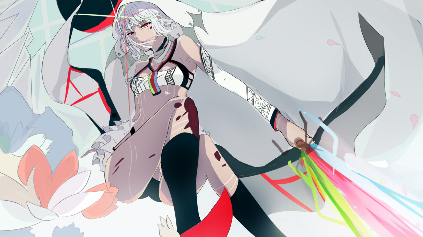 altera_(fate) armpits bangs bare_shoulders blood breasts choker closed_mouth commentary dark_skin detached_sleeves eyebrows_visible_through_hair fate/grand_order fate_(series) fighting_stance full_body_tattoo hair_over_face headdress highres holding holding_sword holding_weapon jewelry legs looking_at_viewer midriff niarss petals photon_ray red_eyes red_footwear shiny shiny_hair short_hair showgirl_skirt skirt small_breasts socks solo sword tan tattoo thighs underwear weapon white_hair