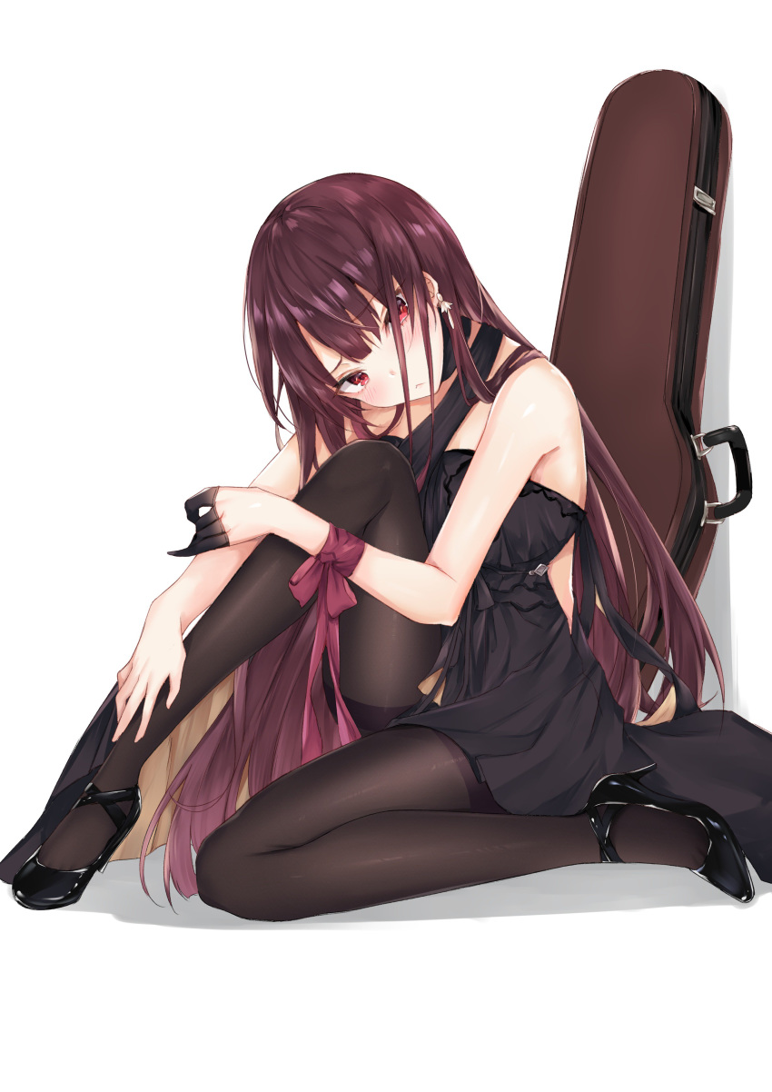 absurdres alternate_costume alternate_hairstyle arm_across_waist arm_ribbon bangs bare_shoulders black_dress black_footwear black_gloves black_legwear blunt_bangs blush breasts cello_case cleavage closed_mouth coffeedog collarbone commentary cowboy_shot dress earrings eyebrows_visible_through_hair full_body girls_frontline gloves high_heels highres jewelry large_breasts long_hair looking_at_viewer pantyhose purple_hair red_eyes reflection ribbon sidelocks single_half_glove single_strap sitting smile solo thighband_pantyhose tsurime very_long_hair wa2000_(girls_frontline)