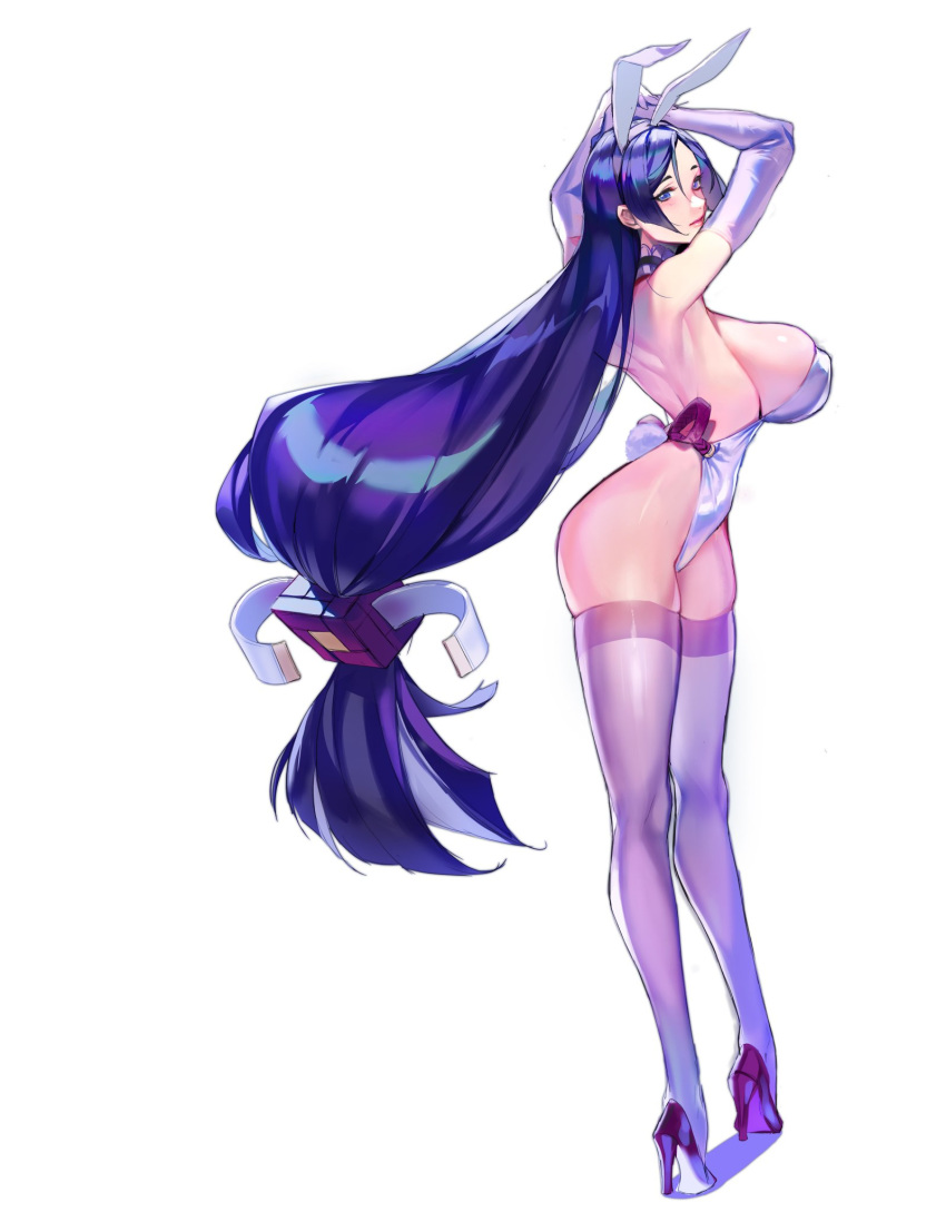 animal_ears bad_anatomy breasts bunny_ears bunny_girl choker elbow_gloves fate_(series) full_body gloves graphite_(medium) high_heels highres huge_breasts imp_(sksalfl132) lips long_hair low-tied_long_hair minamoto_no_raikou_(fate/grand_order) multiple_sources purple_eyes purple_hair skindentation standing thighhighs traditional_media twisted_torso very_long_hair white_background