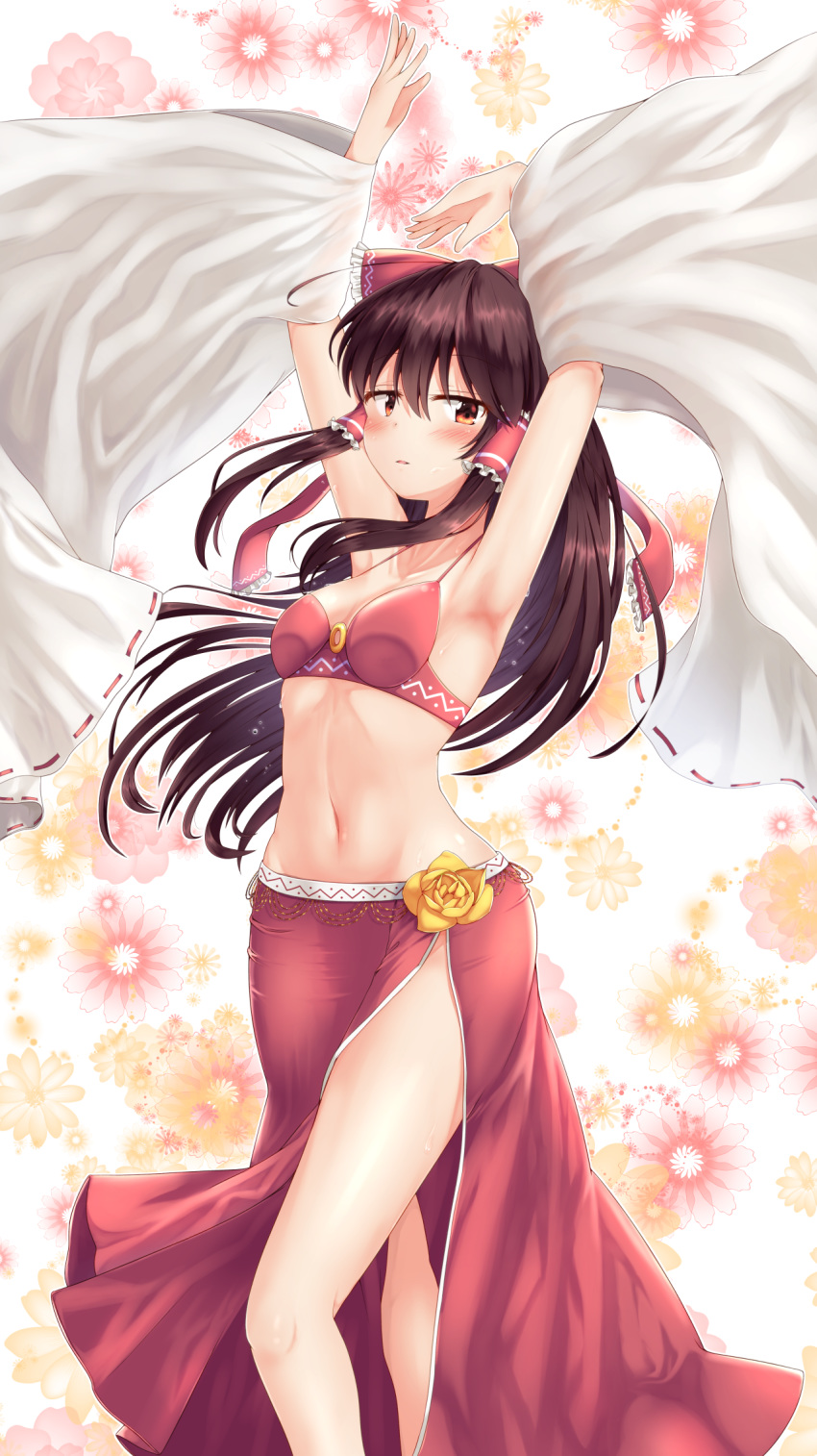 adapted_costume ahoge armpits arms_up bangs bare_legs bare_shoulders belly_dancing blush bow breasts brown_eyes brown_hair collarbone commentary_request dancer detached_sleeves feet_out_of_frame floral_background flower frilled_bow frills groin hair_bow hair_tubes hakurei_reimu highres long_hair long_sleeves looking_at_viewer medium_breasts navel o-ring o-ring_top parted_lips rankasei red_bikini_top red_bow red_skirt ribbon-trimmed_sleeves ribbon_trim rose shiny shiny_skin side_slit sidelocks skirt solo standing stomach sweat thighs touhou white_background wide_sleeves yellow_flower yellow_rose