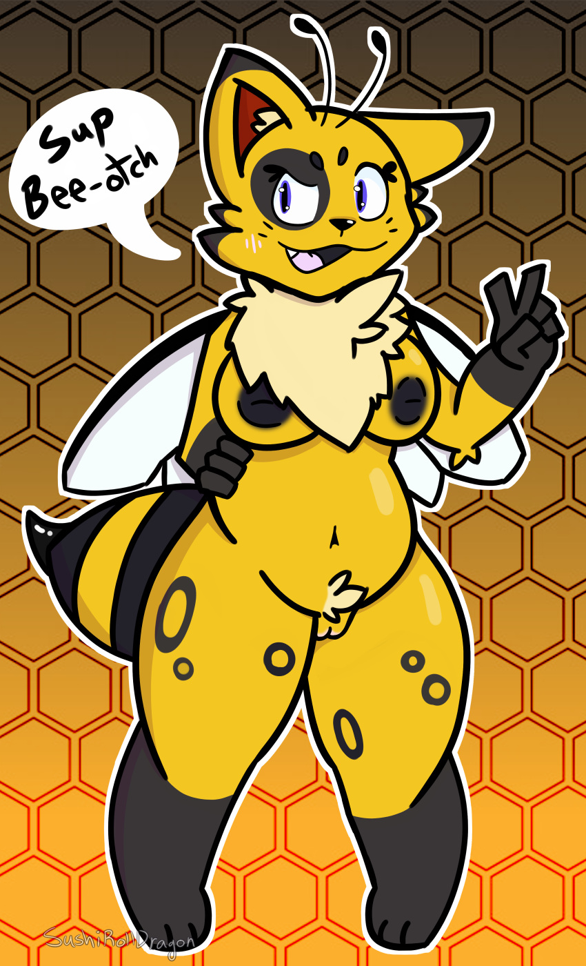 2018 antennae anthro areola arthropod bee blush breasts chest_tuft digital_drawing_(artwork) digital_media_(artwork) feline female front_view full-length_portrait fur hybrid insect mammal nipples nude open_mouth portrait pussy simple_background solo standing sushirolldragon text thick_thighs tongue tuft v_sign whiskers wings