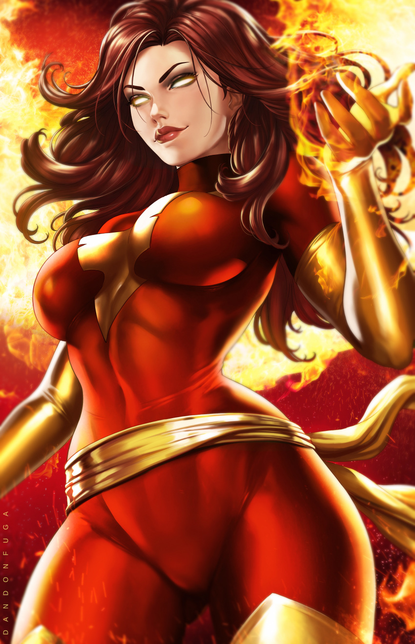 1girl absurdres arm_up artist_name bodysuit breasts brown_hair closed_mouth cowboy_shot dandon_fuga fire gloves glowing glowing_eyes groin highres jean_grey legs lips lipstick long_hair magic makeup marvel medium_breasts no_pupils phoenix_(x-men) red_clothes red_lips simple_background smile solo standing thighs wavy_hair x-men yellow_gloves