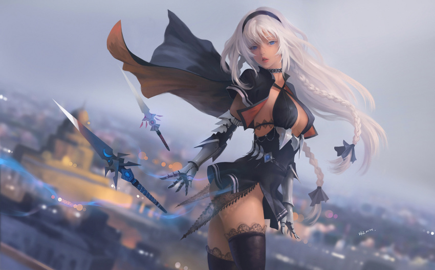 aura bangs black_dress black_hair blue_eyes blue_ribbon braid breasts building capelet capelet_lift choker city cityscape cleavage commentary dress english_commentary flying_sword g-tz gauntlets hair_between_eyes hair_ribbon hairband halterneck highres lace long_hair looking_at_viewer medium_breasts multiple_braids multiple_swords original parted_lips ribbon sideboob sky standing sword thighhighs thighs weapon white_hair