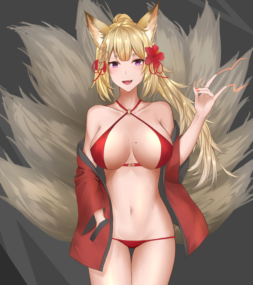 :d animal_ears bikini blonde_hair breasts fang flower fox_ears fox_tail gaitoou grey_background groin hair_flower hair_ornament hand_in_pocket hand_up highres kayou_(sennen_sensou_aigis) large_breasts looking_at_viewer mole mole_on_breast nail_polish navel open_mouth ponytail purple_eyes red_bikini red_nails sennen_sensou_aigis simple_background smile solo standing swimsuit tail