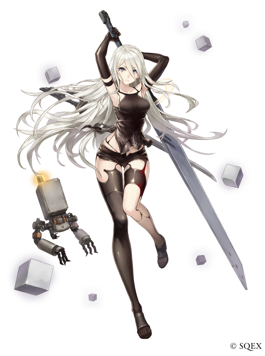 absurdres armpits arms_behind_head arms_up ass_visible_through_thighs black_gloves black_legwear black_shorts black_tank_top blue_eyes breasts elbow_gloves fighting_stance full_body gloves grey_hair highres holding huge_weapon ji_no knees_together_feet_apart legs long_hair midriff nier_(series) nier_automata official_art open_toe_shoes pod_(nier_automata) robot_joints shoes short_shorts shorts simple_background single_thighhigh sinoalice standing standing_on_one_leg sword tank_top thigh_gap thighhighs toes weapon white_background yorha_type_a_no._2