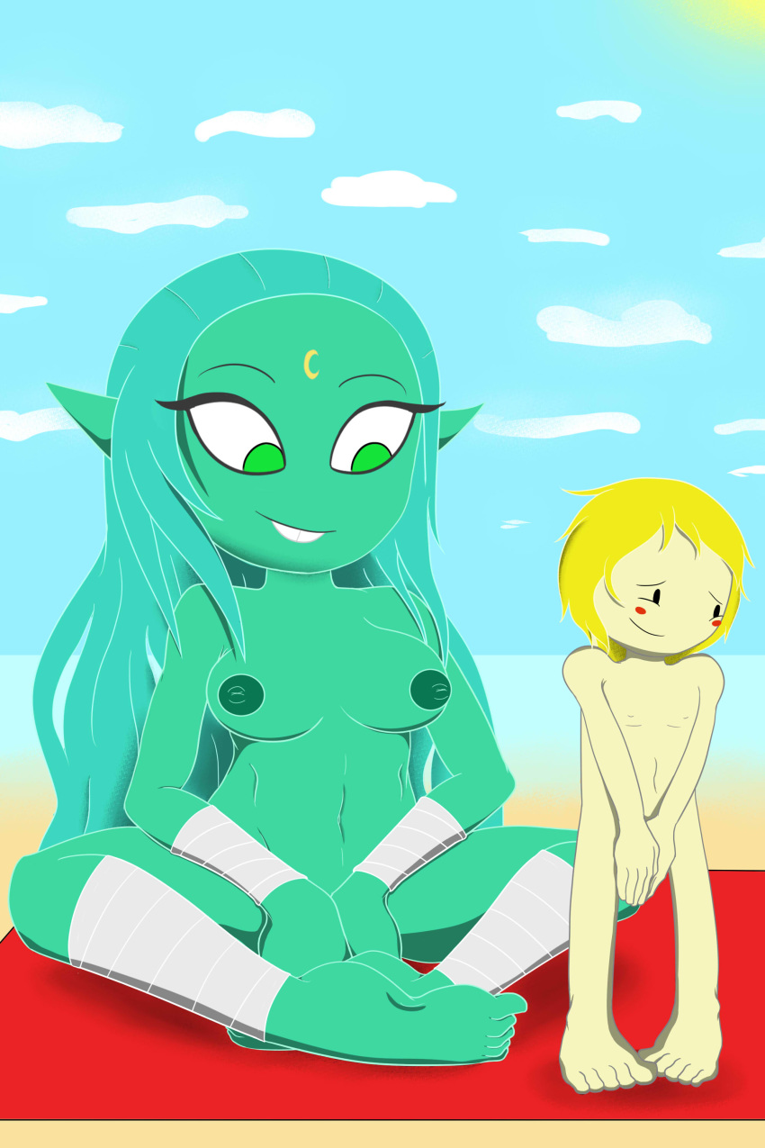 adventure_time blush breasts canyon_(character) cartoon_network female finn_the_human green_hair green_skin hair human kamikiller male male/female mammal not_furry nude nude_beach size_difference smile