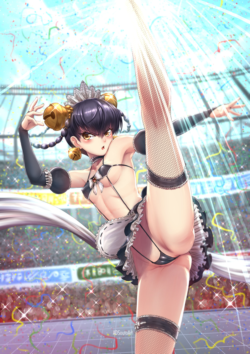 adsouto alternate_costume armpits artist_name axe_kick bangs banner bare_shoulders bell bell_earrings bikini bikini_under_clothes black_bikini black_gloves black_hair black_neckwear black_skirt blue_sky blush bow braid breasts brown_eyes cameltoe camera_flash choker cleavage cloud collarbone commentary confetti crotch crowd day earrings english_commentary fighting_stance fishnet_legwear fishnets frilled_choker frilled_skirt frills glint gloves groin hair_bell hair_ornament high_kick highres jewelry kicking kneepits leg_lift leg_up legs light_rays lin_lin_(one-punch_man) lipstick maid maid_bikini maid_headdress makeup medium_breasts miniskirt one-punch_man open_mouth outdoors sideboob skirt sky solo split stadium standing standing_on_one_leg standing_split sun sunlight swimsuit thighs twin_braids white_bow white_neckwear