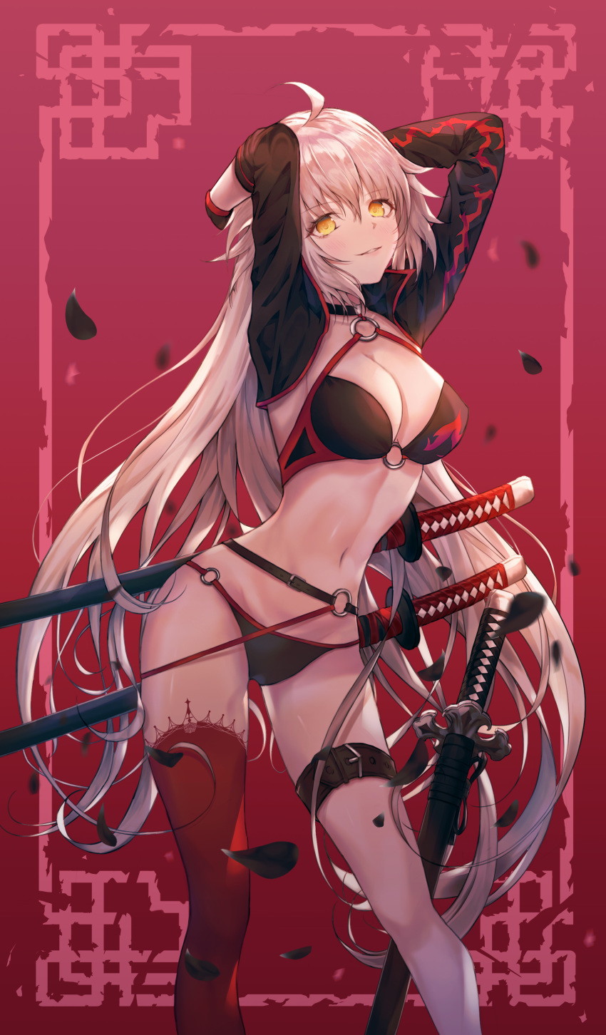 absurdres ahoge bangs bikini black_bikini black_jacket breasts choker cleavage collarbone commentary_request cropped_jacket eyebrows_visible_through_hair fate/grand_order fate_(series) floating_hair gloves hair_between_eyes highres jacket jeanne_d'arc_(alter_swimsuit_berserker) jeanne_d'arc_(fate)_(all) katana large_breasts long_hair long_sleeves looking_at_viewer navel o-ring parted_lips red_background sheath shrug_(clothing) siete_(john4311) single_thighhigh smile solo swimsuit sword thigh_strap thighhighs very_long_hair weapon yellow_eyes