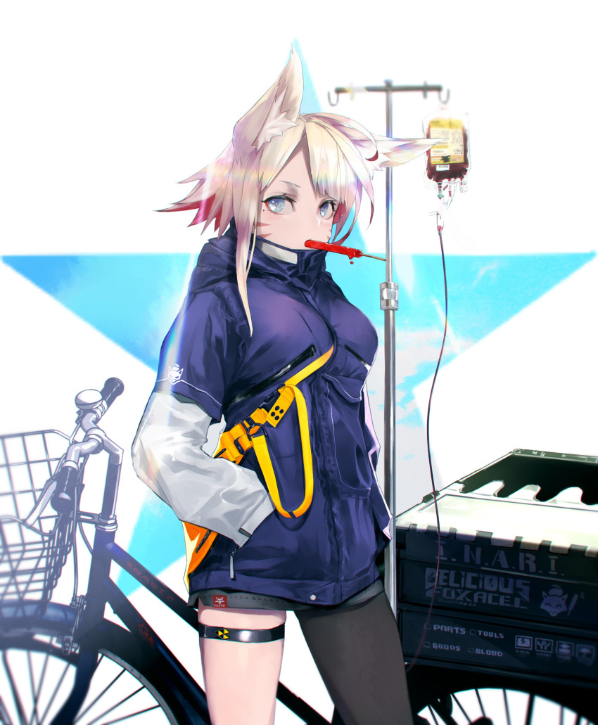 absurdres animal_ears bicycle bicycle_basket blue_eyes commentary_request facial_mark grey_legwear ground_vehicle hands_in_pockets highres hood hood_down intravenous_drip kumonji_aruto legband looking_at_viewer mouth_hold original pink_hair purple_hoodie short_hair single_pantyhose solo standing