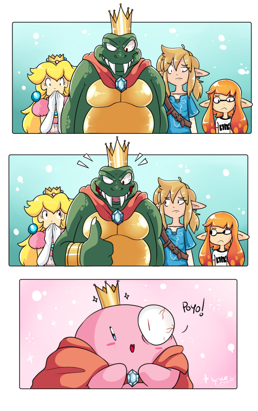 ! anthro breath_of_the_wild bulging_eyes cape cephalopod claws close-up clothed clothing comic crocodilian crossover crown cute donkey_kong_(series) dress ear_piercing english_text fangs female human humanoid humor hybrid hylian inkling king king_k_rool kirby kirby_(series) kremling link looking_down male mammal marine mario_bros musclegut nintendo open_mouth pecs piercing pointy_ears princess princess_peach reptile royalty scalie sharp_claws sharp_teeth shirt size_difference smile splatoon squid standing super_smash_bros super_smash_bros._ultimate teeth tentacles text the_legend_of_zelda thumbs_up video_games yuki-tiramisu