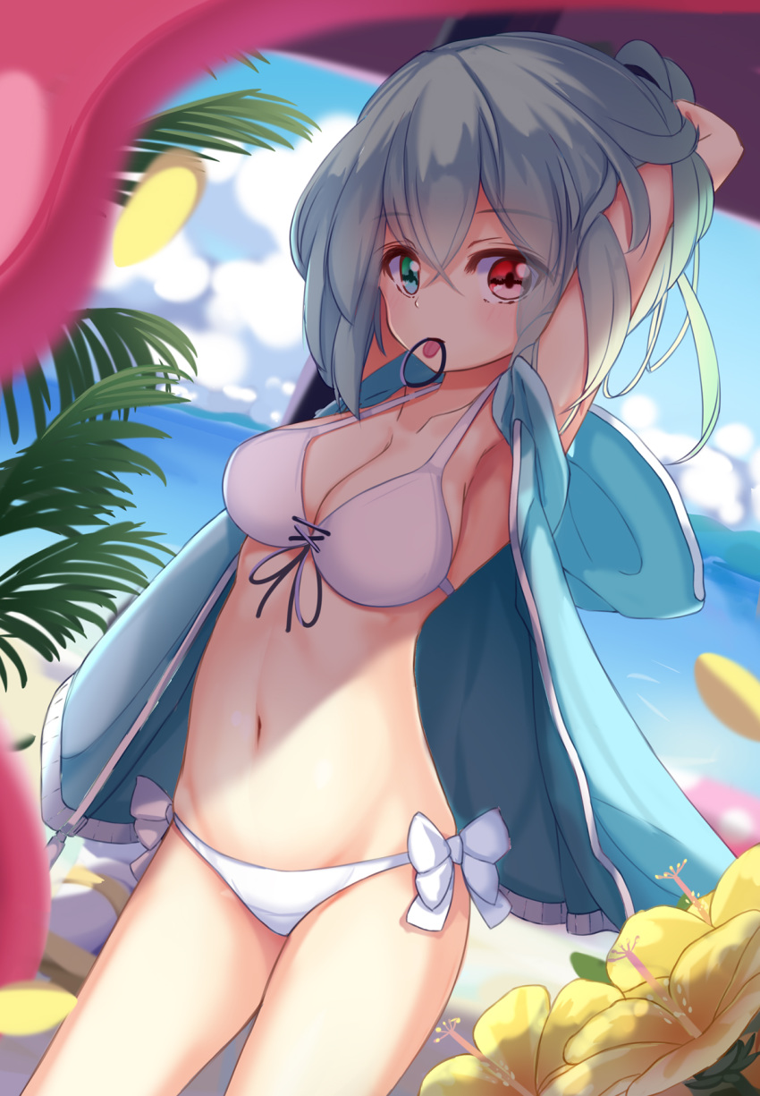 armpits arms_up beach bikini blue_eyes blue_hair bow cloud commentary day flower heterochromia highres jacket karakasa_obake lily_(flower) namatyaba navel ocean open_clothes open_jacket purple_umbrella red_eyes short_hair side-tie_bikini solo stomach summer swimsuit tatara_kogasa tongue tongue_out touhou tying_hair umbrella white_bikini