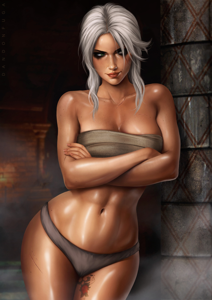 1girl absurdres against_wall artist_name bare_arms bare_legs bare_shoulders breasts ciri cleavage closed_mouth cowboy_shot crossed_arms dandon_fuga eyeshadow freckles green_eyes grey_hair groin highres hips indoors large_breasts legs lips lipstick looking_to_the_side makeup navel panties red_lips sarashi shiny shiny_skin silver_hair solo standing steam tattoo the_witcher the_witcher_3 thighs toned underwear