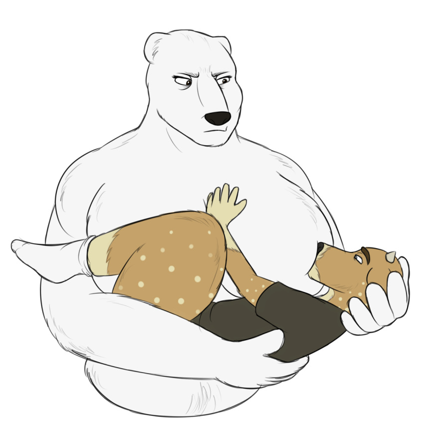bear big_breasts big_thighs blue_eyes breast_suck breasts brown_eyes brown_fur cervine cradle_position domination duo female female_domination fur interspecies joey_higgins larger_female male male/female mammal mature_female oystercatcher7 polar_bear size_difference smaller_male spots sucking white_fur