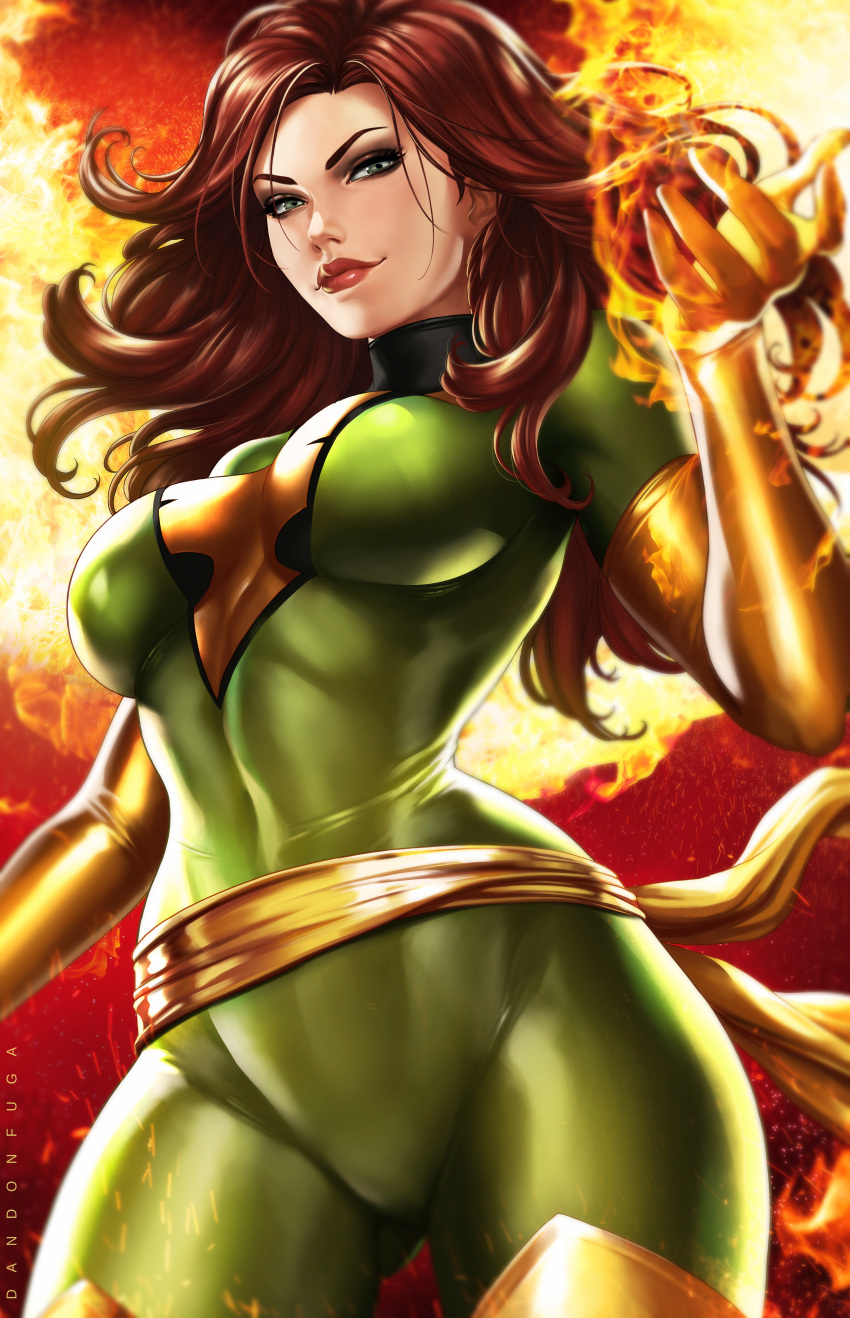 1girl absurdres arm_up artist_name black_eyes bodysuit breasts brown_hair closed_mouth cowboy_shot dandon_fuga fire gloves green_clothes groin highres jean_grey legs lips lipstick long_hair looking_at_viewer magic makeup marvel medium_breasts phoenix_(x-men) red_lips simple_background smile solo standing thighs wavy_hair x-men