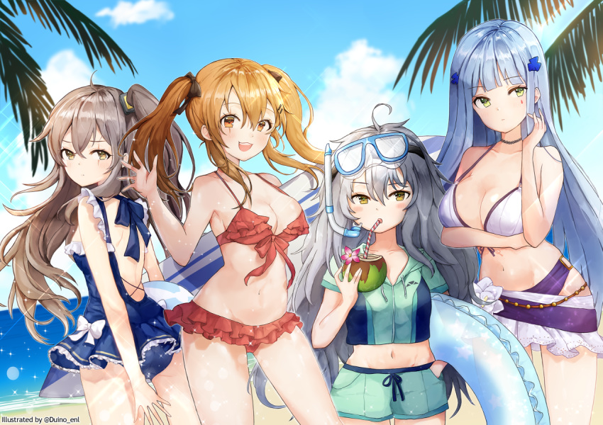 beach bikini breasts brown_hair cleavage coconut commentary_request day duino flower frill_trim g11_(girls_frontline) girls_frontline hair_ornament hk416_(girls_frontline) long_hair looking_at_viewer looking_away messy_hair pout scar scar_across_eye side_ponytail silver_hair smile swimsuit twintails ump45_(girls_frontline) ump9_(girls_frontline)