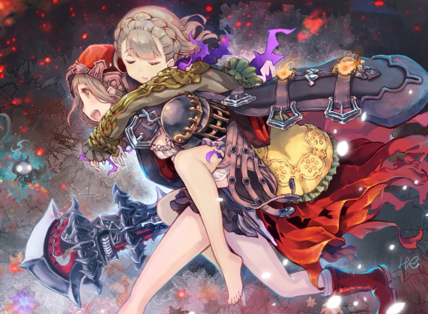 :d barefoot blush boots braid briar_rose_(sinoalice) cape carrying closed_eyes from_side grey_hair highres holding holding_weapon hood hood_up hoshizaki_reita little_red_riding_hood_(sinoalice) long_sleeves multiple_girls open_mouth parted_lips piggyback profile red_cape red_footwear running sideways_mouth signature sinoalice sleeping smile weapon