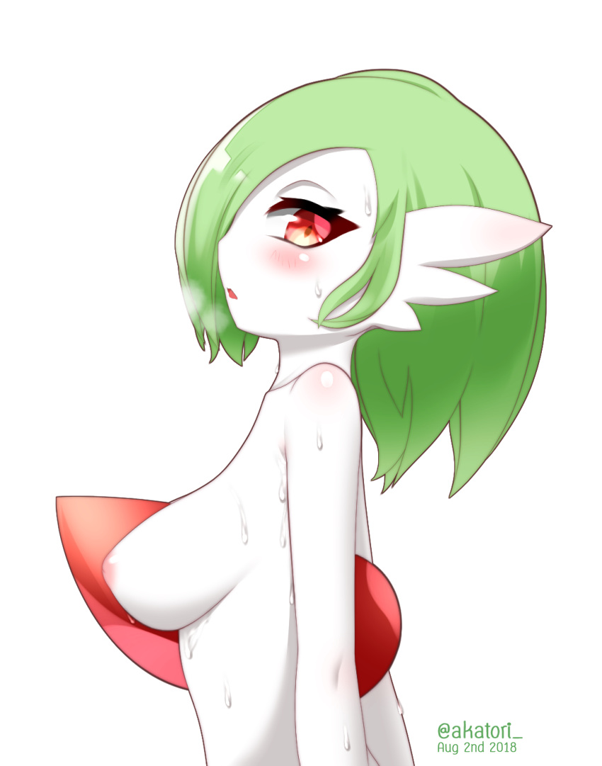 1girl absurdres akatori_(redbird) areolae artist_name blush breasts breath creatures_(company) dated female from_side game_freak gardevoir gen_3_pokemon green_hair hair_over_one_eye half-closed_eyes highres inverted_nipples looking_at_viewer looking_to_the_side medium_breasts nintendo nipples no_humans nude open_mouth pokemon pokemon_(creature) profile red_eyes shiny shiny_hair shiny_skin short_hair simple_background solo twitter_username upper_body watermark wet wet_hair white_skin