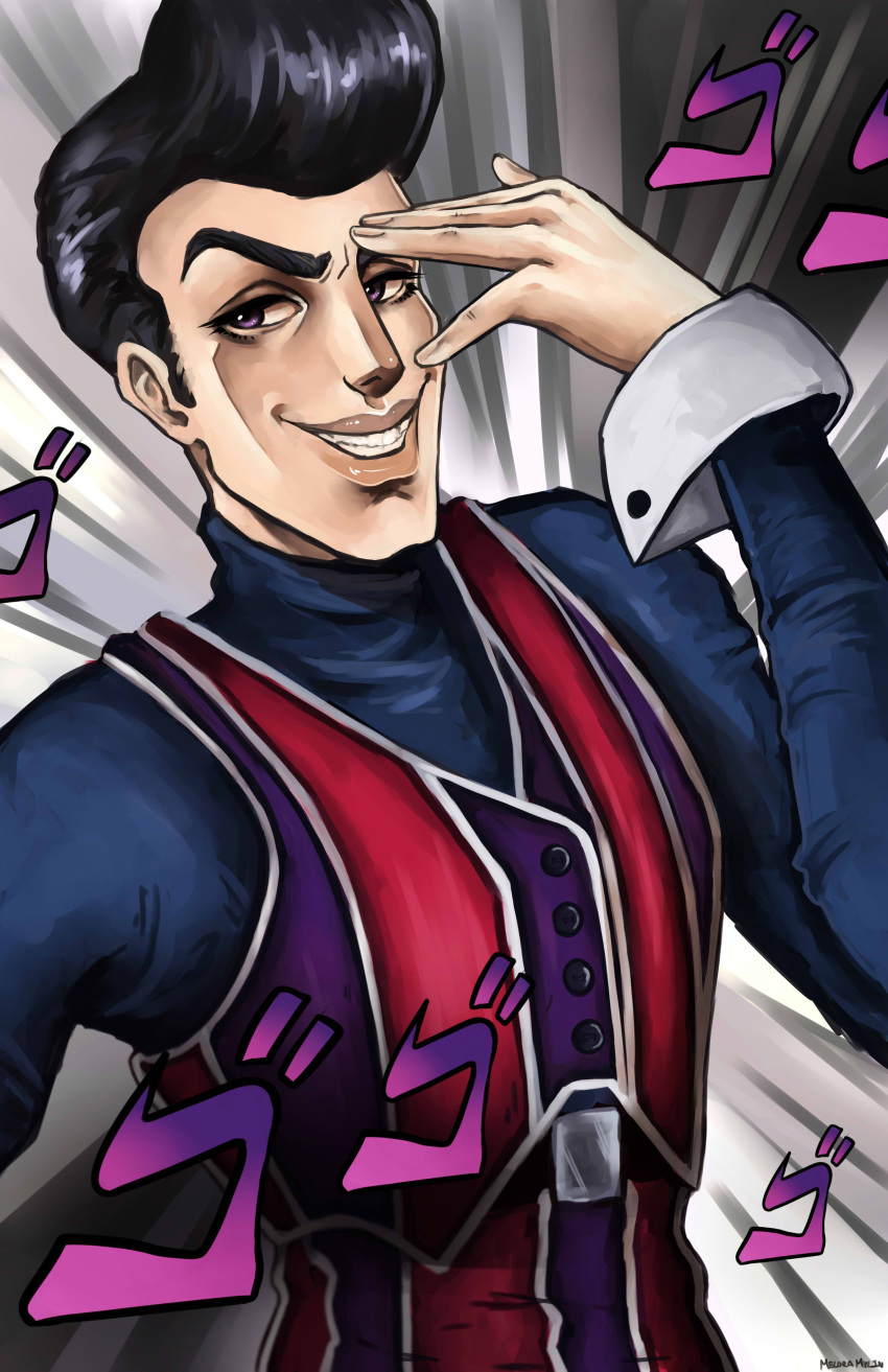 absurdres artist_name black_hair fabulous grey_background grin highres jojo_no_kimyou_na_bouken jojo_pose lazytown looking_at_viewer male_focus meloramylin pose purple_eyes robbie_rotten sideburns smile solo standing stefan_karl_stefansson striped_vest upper_body
