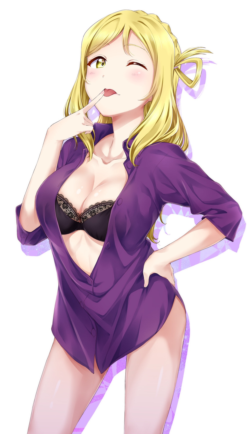 ;p black_bra blonde_hair bra braid breasts cleavage crown_braid eyebrows_visible_through_hair finger_to_mouth hair_rings hand_on_hip highres lace lace-trimmed_bra looking_at_viewer love_live! love_live!_sunshine!! no_pants ohara_mari one_eye_closed open_clothes open_shirt purple_shirt shirt solo surfing_orange tongue tongue_out underwear yellow_eyes