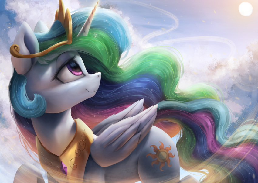 2018 absurd_res cloud crown cute cutie_mark equine eyebrows eyelashes feathered_wings feathers female feral friendship_is_magic hair hi_res hooves horn long_hair looking_back looking_up mammal multicolored_hair my_little_pony nude outside portrait princess_celestia_(mlp) purple_eyes rainbow_hair raised_leg royalty sky smile solo sun vanillaghosties walking white_feathers winged_unicorn wings