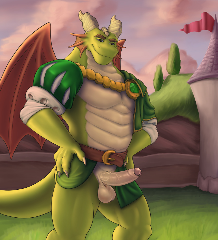 2018 anthro balls claws clothing digital_drawing_(artwork) digital_media_(artwork) dragon erection green_scales horn humanoid humanoid_penis looking_at_viewer male muscular muscular_male nestor_(spyro) noodlewd partially_retracted_foreskin penis presenting scales scalie smile solo spyro_reignited_trilogy spyro_the_dragon standing uncut vein veiny_penis video_games western_dragon wings