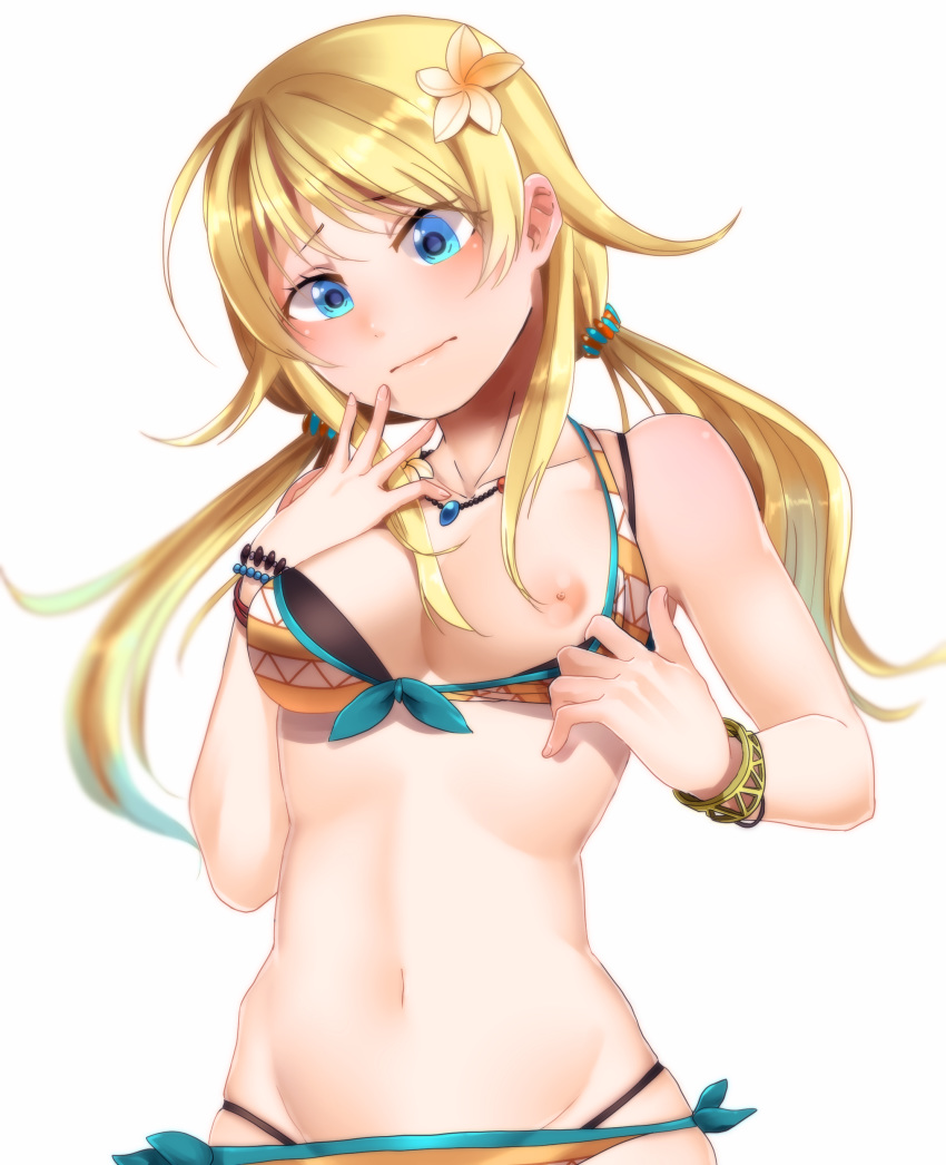 absurdres areolae bikini_pull blonde_hair blue_eyes bracelet breasts closed_mouth collarbone flower front-tie_bikini front-tie_top hachimiya_meguru hair_flower hair_ornament hand_on_own_face highres idolmaster idolmaster_shiny_colors jewelry layered_bikini long_hair looking_down low_twintails medium_breasts navel necklace nipples one_breast_out runoan skindentation solo stomach swimsuit twintails upper_body wavy_mouth
