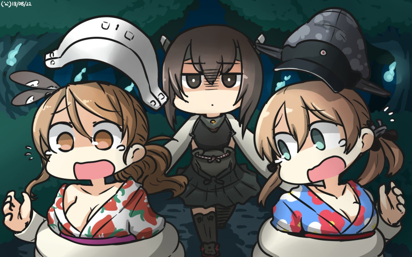anchor_hair_ornament black_skirt blush breasts brown_hair commentary forest hair_ornament hamu_koutarou hat headgear highres japanese_clothes kantai_collection kimono large_breasts littorio_(kantai_collection) long_hair long_sleeves looking_at_viewer military military_hat military_uniform miniskirt multiple_girls nature open_mouth outdoors peaked_cap ponytail prinz_eugen_(kantai_collection) short_hair_with_long_locks skirt small_breasts taihou_(kantai_collection) tentacles twintails uniform yukata