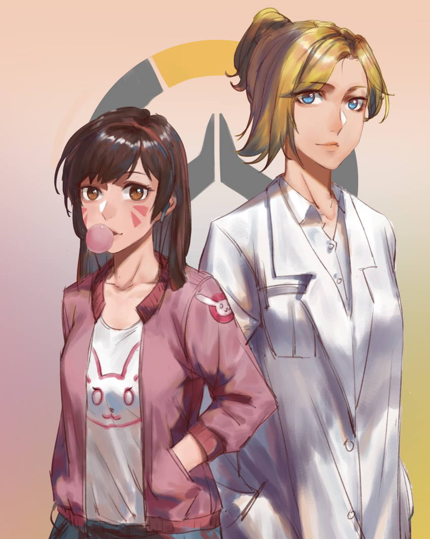 absurdres blonde_hair blue_eyes brown_eyes brown_hair bubble_blowing casual chewing_gum d.va_(overwatch) hand_in_pocket highres jacket labcoat liudaohai6001 looking_at_viewer mercy_(overwatch) multiple_girls overwatch overwatch_(logo) pink_jacket whisker_markings