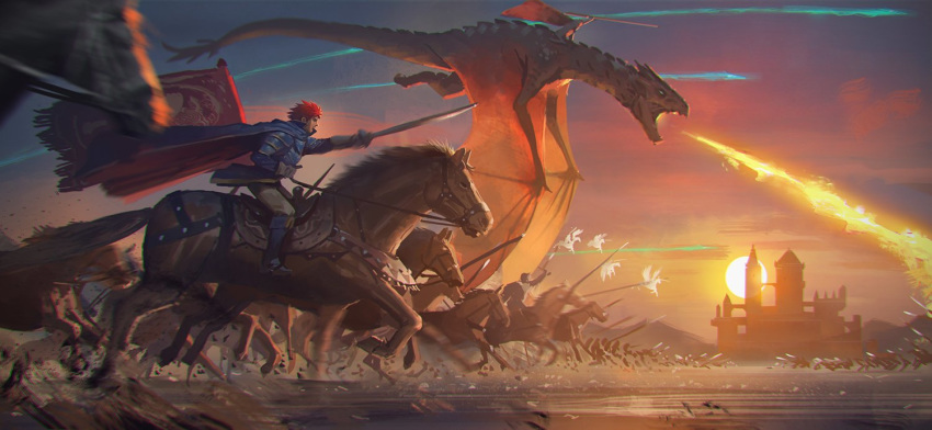 armor army battle blurry boots breathing_fire cape castle charging commentary_request depth_of_field dirt dragon dragon_riding eliwood_(fire_emblem) epic fire fire_emblem fire_emblem:_rekka_no_ken flag from_side holding holding_sword holding_weapon horse horseback_riding illustman_(u_ip8s) jpeg_artifacts knight motion_blur open_mouth outdoors outstretched_arm pegasus pegasus_knight pointing_sword polearm red_hair riding saddle scenery short_hair solo_focus spear sun sunset sword tail war weapon wings wyvern