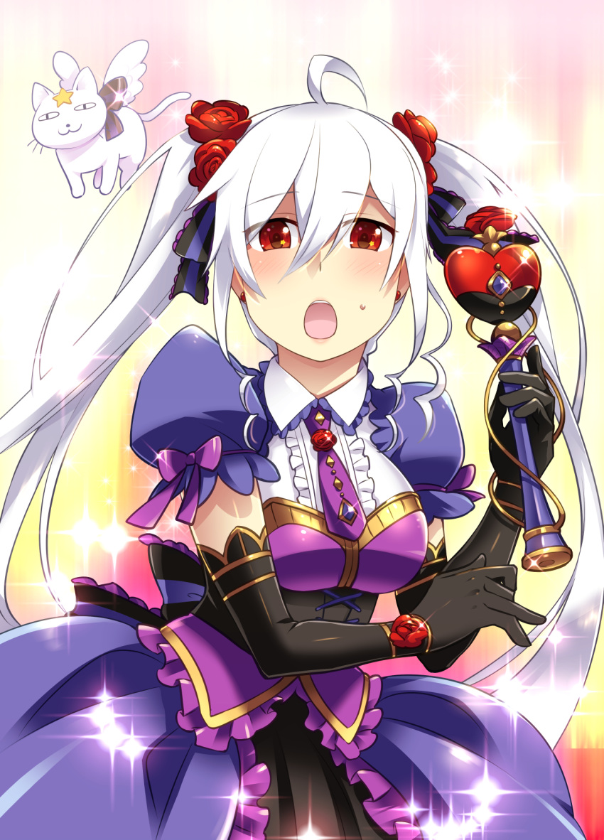 1girl bow caffein cat commentary_request detached_sleeves elbow_gloves gloves hair_ornament headphones highres long_hair looking_at_viewer magical_girl necktie red_eyes silver_hair smile solo twintails vocaloid voyakiloid wand yowane_haku yowaneko |_|