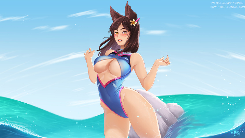 adapted_costume ahri animal_ears bangs beach blue_swimsuit blush breasts brown_hair center_opening clothes_writing cosplay covered_navel d.va_(overwatch) d.va_(overwatch)_(cosplay) day facial_mark flower fox_ears fox_girl fox_tail hair_flower hair_ornament hairclip highleg highleg_swimsuit highres hip_bones large_breasts league_of_legends long_hair looking_at_viewer mole_on_thigh multiple_tails ocean olga_narhova one-piece_swimsuit outdoors overwatch parted_lips red_lips skindentation sky solo swimsuit tail taut_clothes taut_swimsuit twitter_username underboob wading wallpaper water whisker_markings yellow_eyes