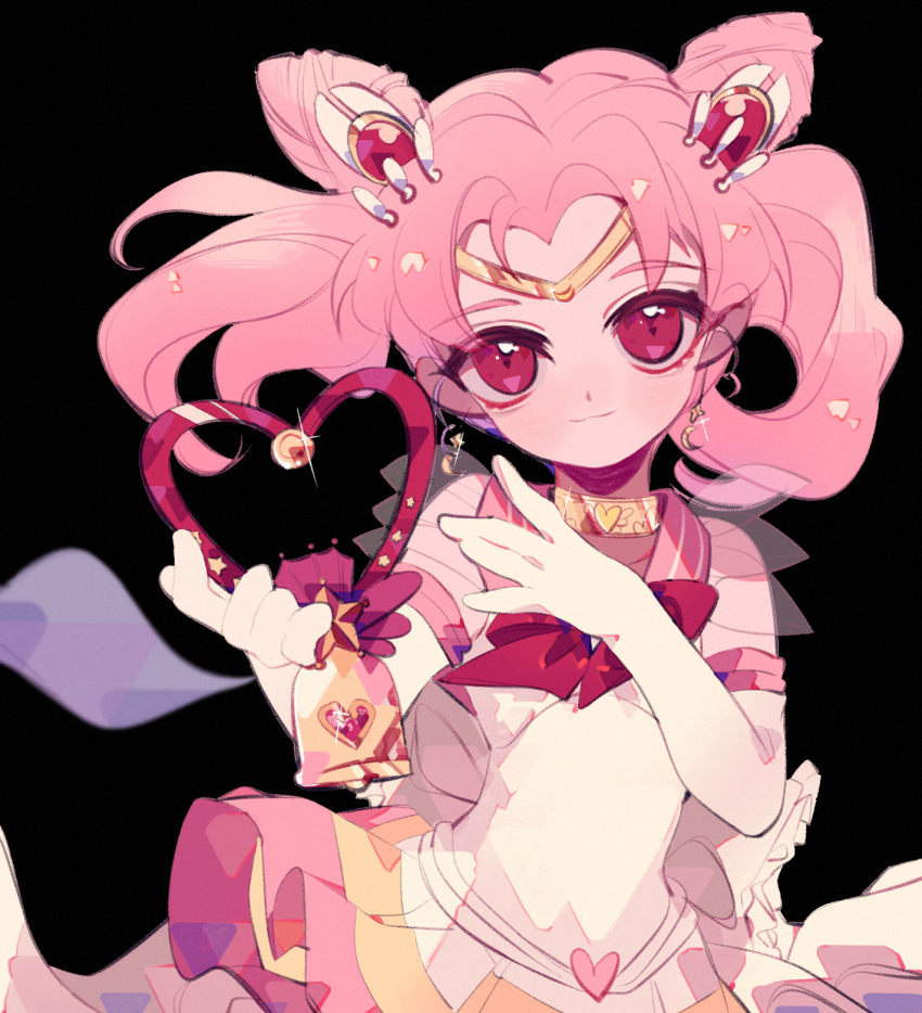 back_bow bell bishoujo_senshi_sailor_moon black_background bow chibi_usa choker circlet closed_mouth cowboy_shot crystal_carillon double_bun earrings elbow_gloves gloves hair_ornament hairpin highres jewelry looking_at_viewer magical_girl multicolored multicolored_clothes multicolored_skirt pink_hair pink_sailor_collar pleated_skirt red_bow red_eyes sailor_chibi_moon sailor_collar sailor_senshi_uniform short_hair simple_background skirt smile solo super_sailor_chibi_moon twintails white_gloves yellow_neckwear yexie_pottle