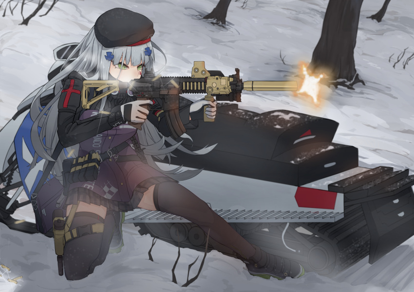 assault_rifle beret firing girls_frontline gloves green_eyes gun hat heckler_&amp;_koch highres hk416 hk416_(girls_frontline) holding holding_gun holding_weapon holstered_weapon long_hair one_knee outdoors rifle rlin silver_hair snow snowmobile solo suppressor thighhighs weapon winter