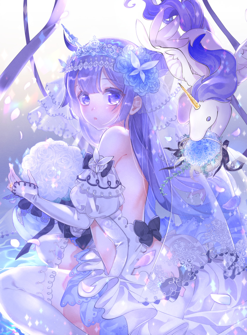 ahoge alicorn animal azur_lane backless_dress backless_outfit bangs bare_back bare_shoulders basket black_bow blue_flower blue_rose blush bow criac detached_sleeves dress dress_bow eyebrows_visible_through_hair flower flying_sweatdrops from_side hair_flower hair_ornament hair_ribbon highres juliet_sleeves long_hair long_sleeves looking_at_viewer looking_to_the_side mouth_hold pale_color parted_lips puffy_sleeves purple purple_eyes purple_hair ribbon rose see-through side_bun sitting sleeves_past_wrists solo thighhighs tiara unicorn_(azur_lane) very_long_hair wariza water white_dress white_legwear