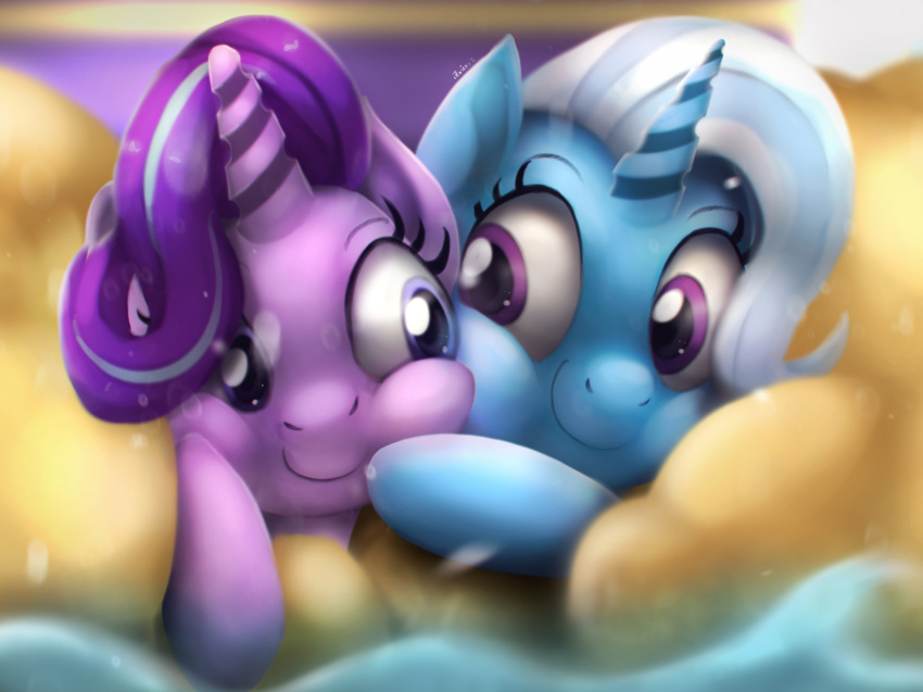 2018 big_eyes blackligerth blue_hair blurred_background cheek_squish cute duo equine eye_contact eyebrows eyelashes female female/female feral friendship_is_magic hair hi_res hooves horn mammal multicolored_hair my_little_pony outside purple_eyes purple_hair sand smile starlight_glimmer_(mlp) trixie_(mlp) two_tone_hair unicorn water