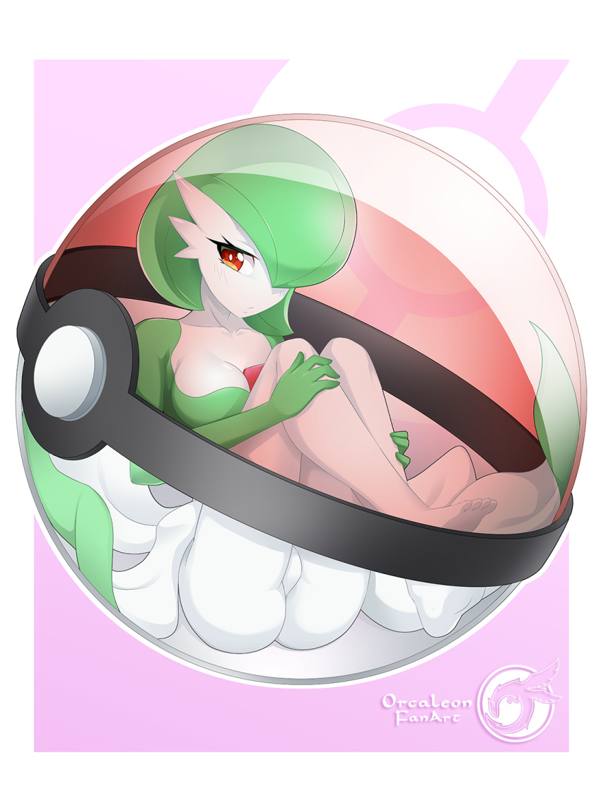 1girl artist_name barefoot blush border breasts closed_mouth collarbone creatures_(company) female game_freak gardevoir gen_3_pokemon green_hair hair_over_one_eye half-closed_eyes highres knees_up looking_to_the_side medium_breasts nintendo no_humans no_pussy orcaleon poke_ball poke_ball_(generic) poke_ball_symbol pokemon pokemon_(creature) purple_background red_eyes short_hair simple_background sitting solo transparent two-tone_background watermark white_border