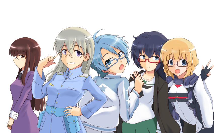 adele_balfetto aoi_(houkago_no_pleiades) bangs blonde_hair blue_eyes blue_hair breasts commentary_request eila_ilmatar_juutilainen eyebrows_visible_through_hair girls_und_panzer glasses hair_between_eyes houkago_no_pleiades isosceles_triangle_(xyzxyzxyz) kyoukaisenjou_no_horizon long_hair messy_hair military military_uniform multiple_girls ooarai_school_uniform oohashi_ayuru open_mouth oryou_(girls_und_panzer) saki sawamura_tomoki school_uniform seiyuu_connection serafuku short_hair smile star strike_witches uniform world_witches_series