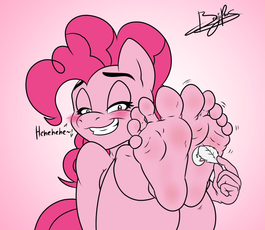 5_toes anthro benjipaws blush earth_pony equine eyelashes feathers feet female foot_focus friendship_is_magic gradient_background horse laugh mammal my_little_pony nude pink_background pinkie_pie_(mlp) pony simple_background solo tickling toes
