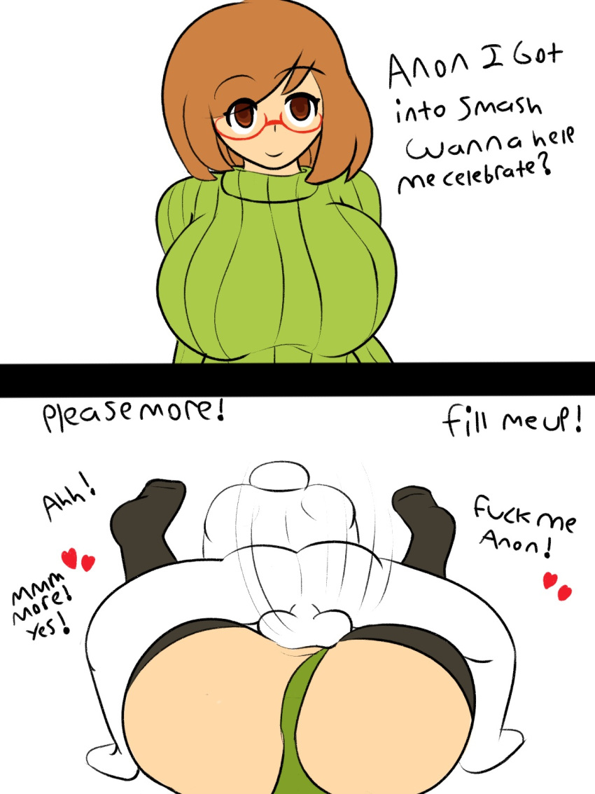 1girl artist_request ass breasts brown_eyes brown_hair eyebrows eyewear glasses heart huge_ass instant_loss_2koma mating_hair/eyes mating_press nikki_(swapnote) penis pussy short_hair simple_background smile swapnote sweater testicles text_focus vaginal white_background