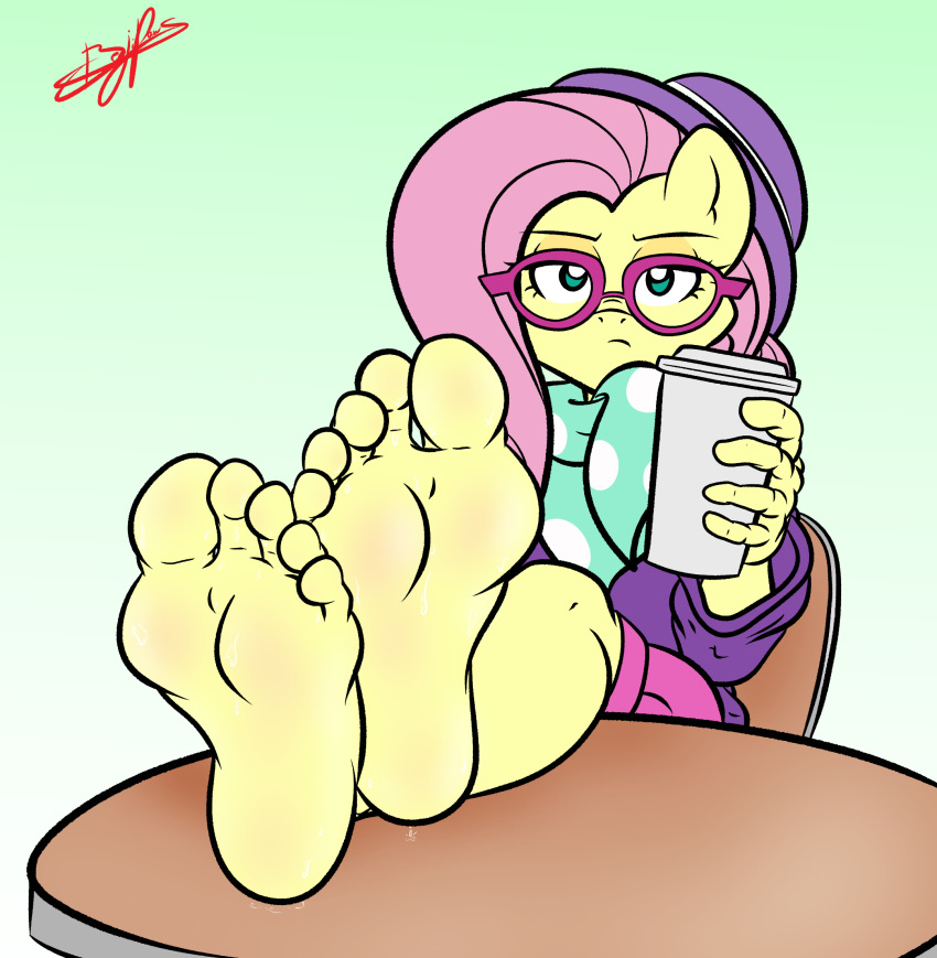 5_toes anthro barefoot beverage clothed clothing coffee equine eyewear feet female fluttershy_(mlp) foot_focus friendship_is_magic glasses gradient_background green_background hipster mammal my_little_pony scarf simple_background solo toes