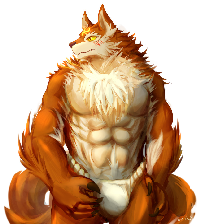 2015 5_fingers abs anthro canine chest_tuft claws clothed clothing fd-caro fundoshi fur japanese_clothing male mammal multicolored_fur muscular muscular_male puzzle_&amp;_dragons set set_(p&amp;d) simple_background solo standing topless tuft two_tone_fur underwear video_games white_background yellow_eyes