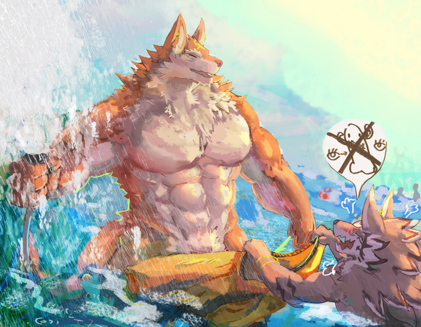 2018 abs anthro blush canine duo eyes_closed fd-caro fur male mammal multicolored_fur muscular muscular_male open_mouth puzzle_&amp;_dragons set set_(p&amp;d) seth_(tas) tokyo_afterschool_summoners two_tone_fur video_games water