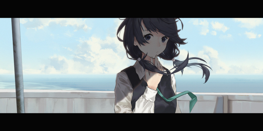 :/ black_eyes black_hair black_vest blush closed_mouth cloud cloudy_sky collared_shirt commentary day floating_hair gh_(chen_ghh) green_neckwear hand_up highres letterboxed long_hair long_sleeves low_twintails necktie outdoors shirobako shirt sky solo twintails upper_body vest white_shirt wind wing_collar yasuhara_ema