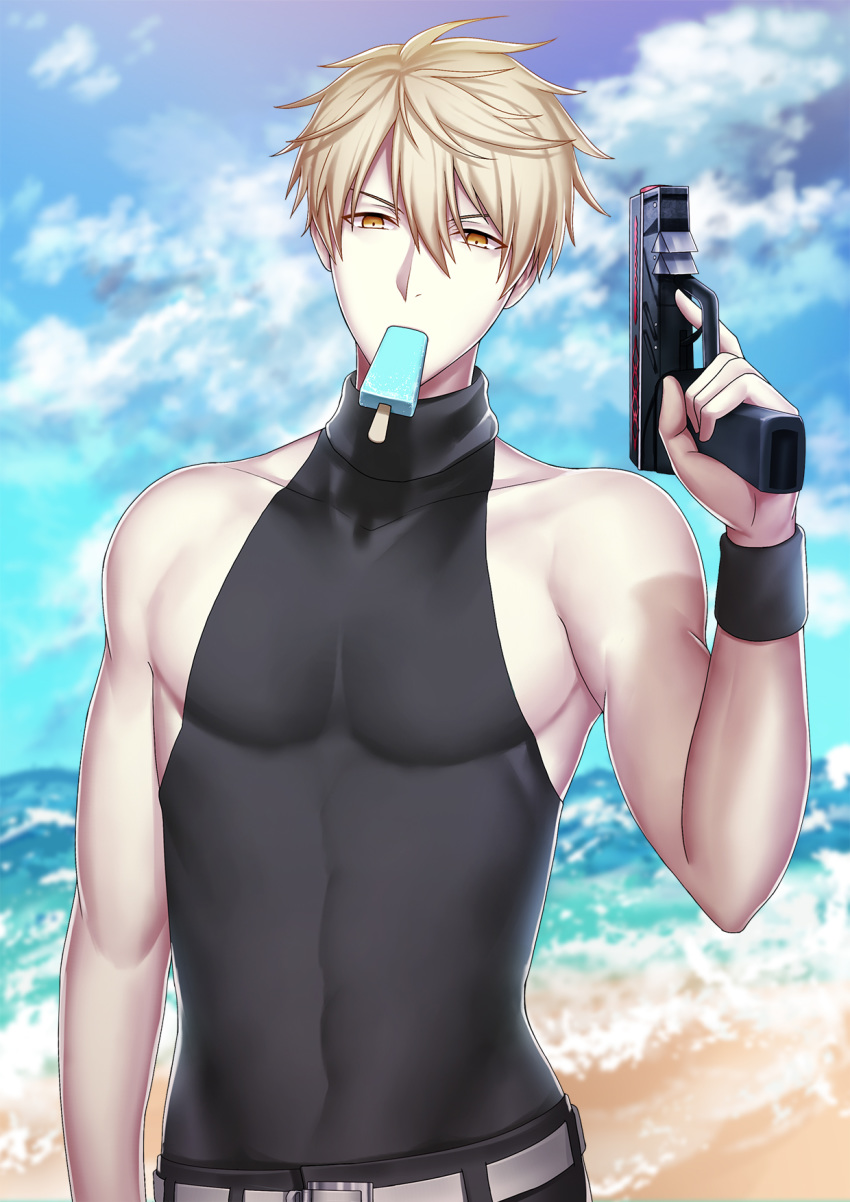 arm_up arthur_pendragon_(fate) artoria_pendragon_(all) artoria_pendragon_(swimsuit_rider_alter) artoria_pendragon_(swimsuit_rider_alter)_(cosplay) bangs bare_shoulders beach belt belt_buckle blonde_hair blue_sky buckle cloud collarbone commentary_request cosplay covered_navel day fate/grand_order fate_(series) food food_in_mouth gun hair_between_eyes highres holding holding_gun holding_weapon kuraka looking_at_viewer male_focus mouth_hold outdoors popsicle skin_tight sky sweatband upper_body v-shaped_eyebrows weapon yellow_eyes