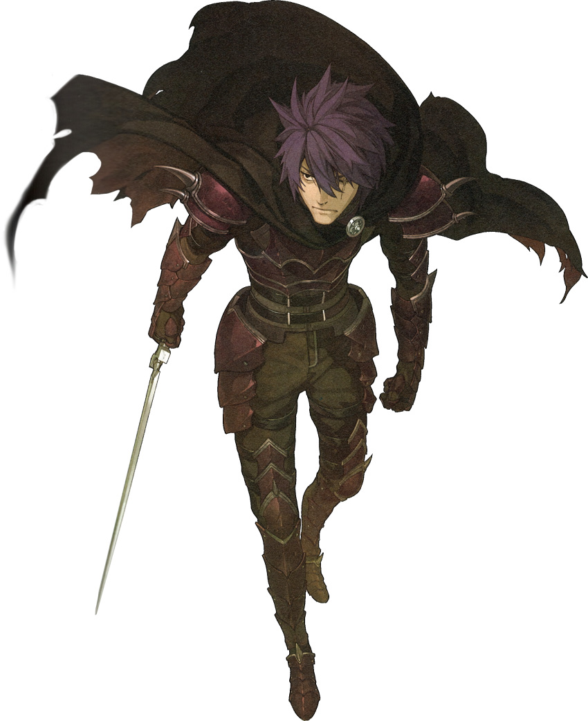 absurdres armored_boots boots brown_eyes cape deen_(fire_emblem) fire_emblem fire_emblem_echoes:_mou_hitori_no_eiyuuou full_body gloves hidari_(left_side) highres male_focus official_art one_eye_closed purple_hair scan scar solo sword torn_clothes transparent_background weapon